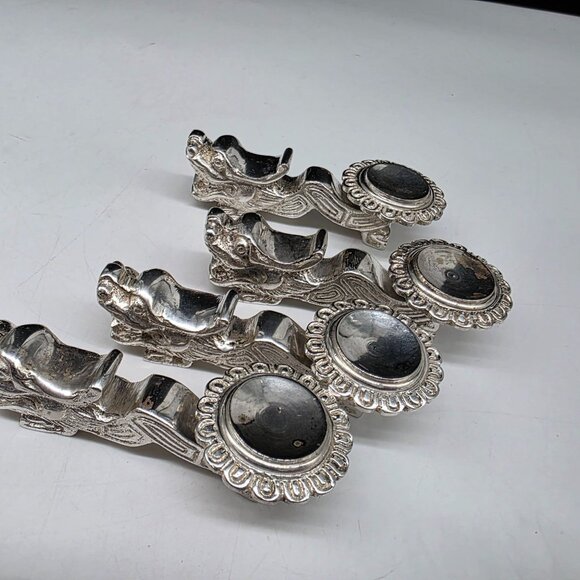 Chinese Porcelain Soup Spoons With Silverplated Dragon Rests Floral Heart Set - Picture 7 of 9
